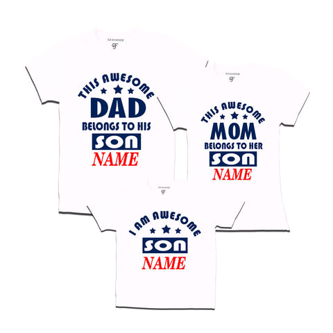 This awesome Dad and Mom Belongs to their Son T-shirts With Name in White Color available @ Gfashion.jpg