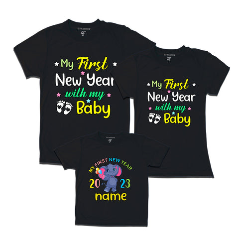 First New Year as a Dad-Mom and Baby t shirt with Name