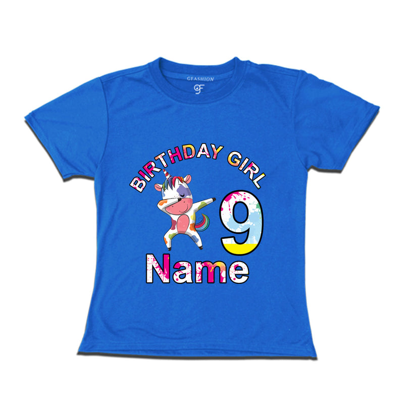 Birthday Girl t shirts with unicorn print and name customized for 9th year