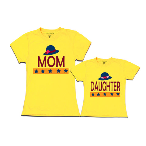 MOM DAUGHTER HAPPY FAMILY WITH HATS PRINT MATCHING FAMILY T SHIRTS