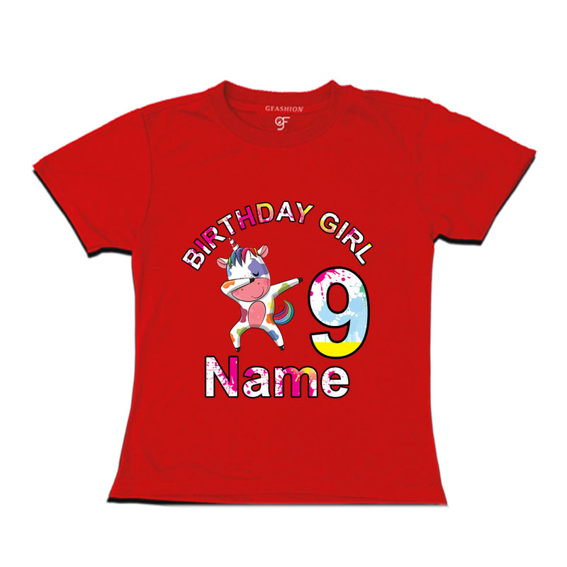 Birthday Girl t shirts with unicorn print and name customized for 9th year