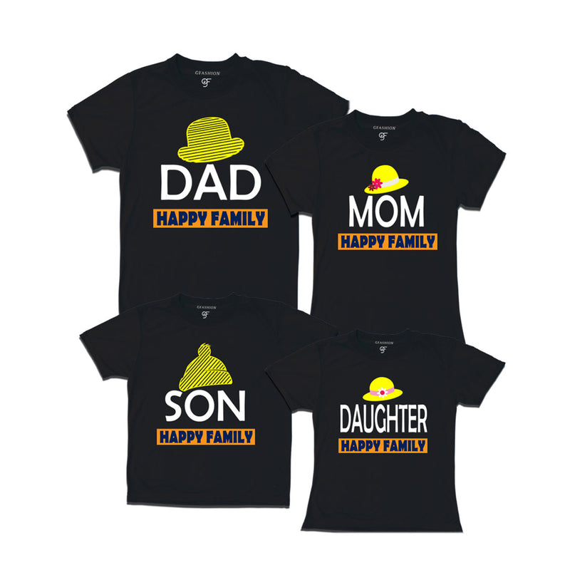 DAD MOM SON DAUGHTER HAPPY FAMILY WITH HATS PRINT FAMILY T SHIRTS