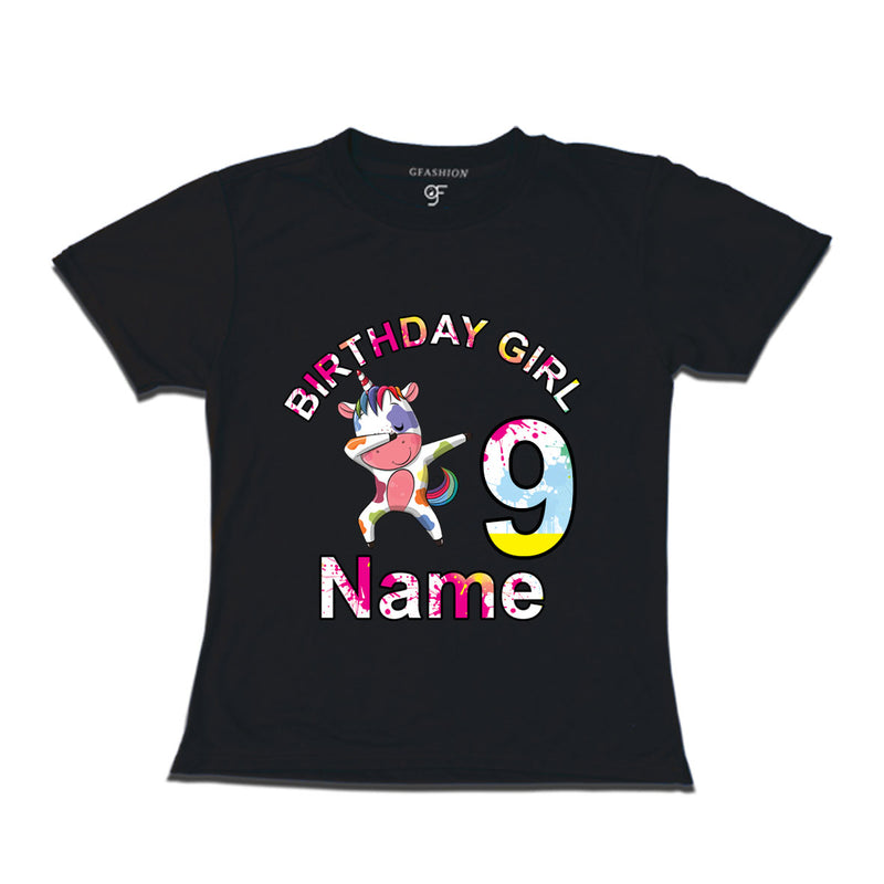 Birthday Girl t shirts with unicorn print and name customized for 9th year