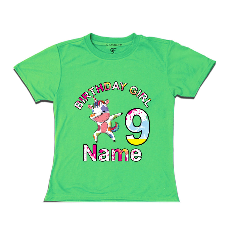 Birthday Girl t shirts with unicorn print and name customized for 9th year