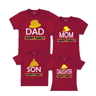 DAD MOM SON DAUGHTER HAPPY FAMILY WITH HATS PRINT FAMILY T SHIRTS