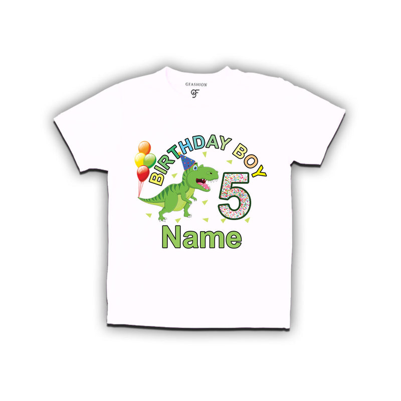 Birthday boy t shirts with dinosaur print and name customized for 5th year