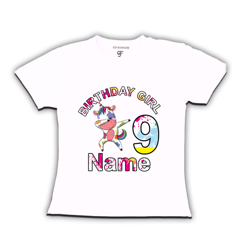 Birthday Girl t shirts with unicorn print and name customized for 9th year