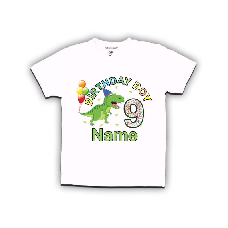 Birthday boy t shirts with dinosaur print and name customized for 9th year