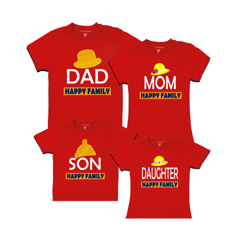 DAD MOM SON DAUGHTER HAPPY FAMILY WITH HATS PRINT FAMILY T SHIRTS