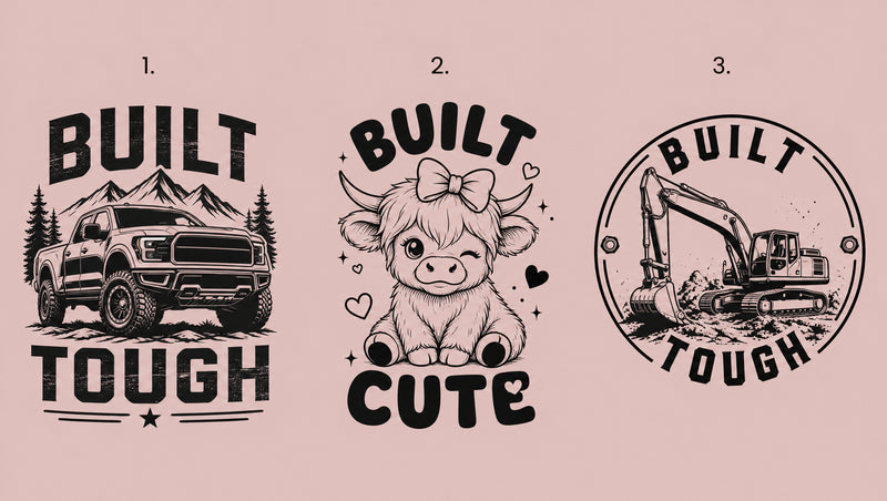 Built Tough and Built Cute matching family T-shirt designs for dad and kids.