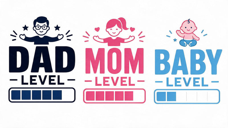 Dad Level, Mom Level and Baby Level battery theme matching family T-shirt designs.
