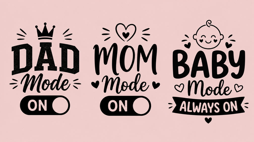 Dad Mode On, Mom Mode On and Baby Mode Always On matching family T-shirt designs.
