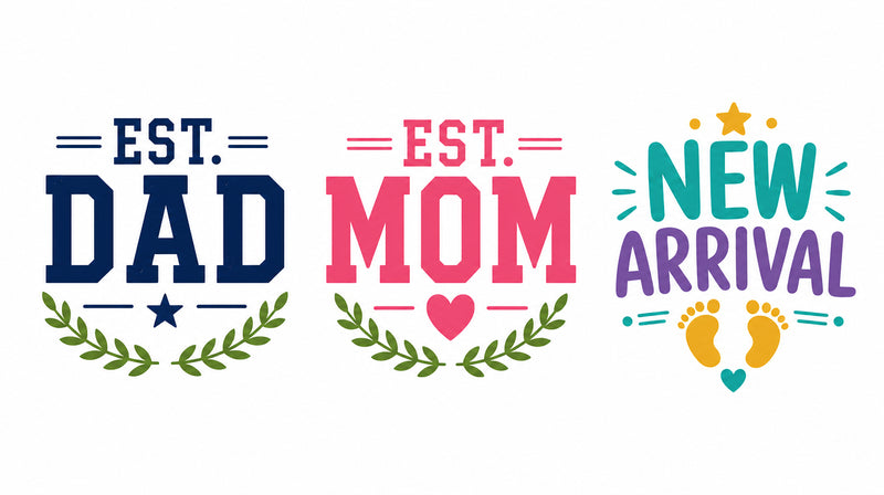 Established Dad, Established Mom and New Arrival baby matching family T-shirt designs.