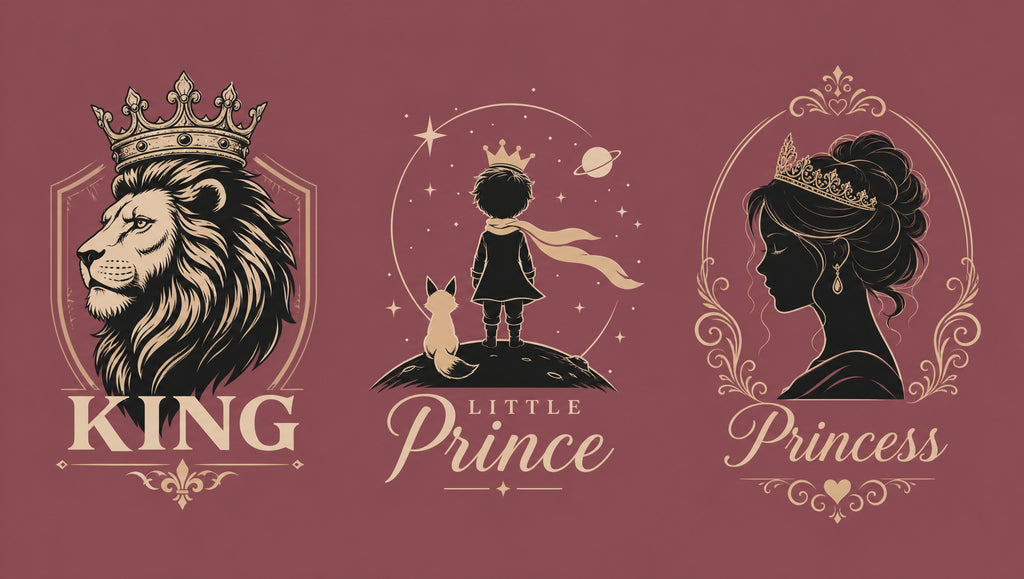 King Little Prince and Princess matching family T-shirt designs for dad, son and daughter.