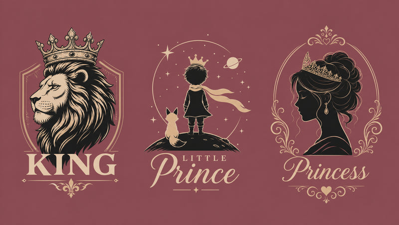 King Little Prince and Princess matching family T-shirt designs for dad, son and daughter.