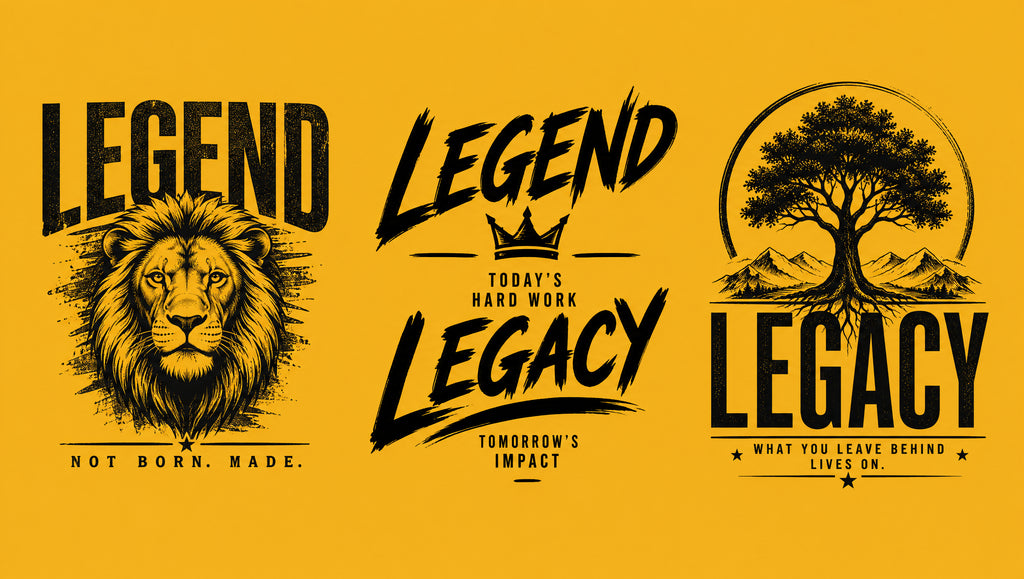 Legend and Legacy matching family T-shirt designs with lion, crown and tree artwork.
