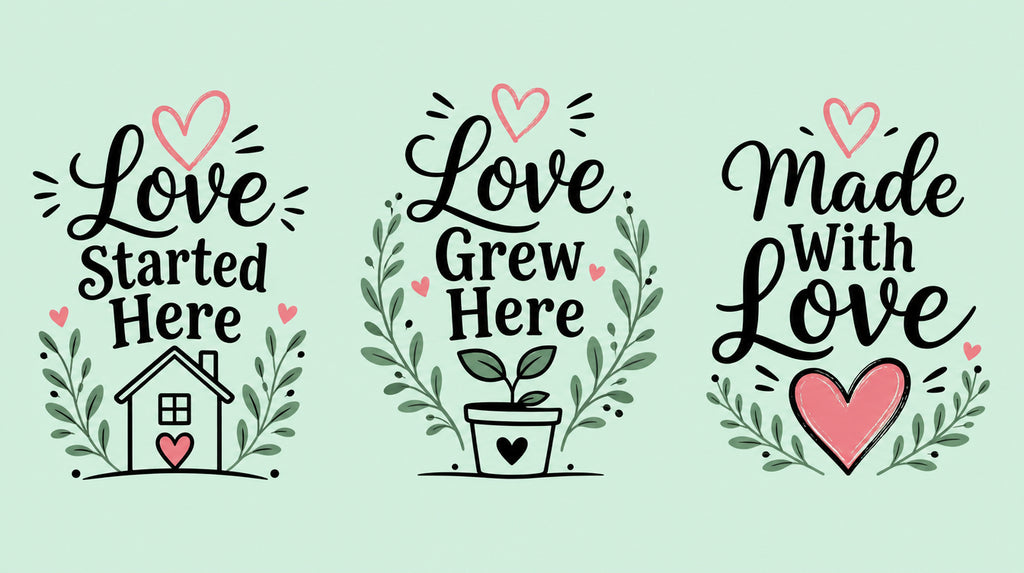 Love Started Here, Love Grew Here and Made With Love matching family T-shirt designs for dad, mom and baby.