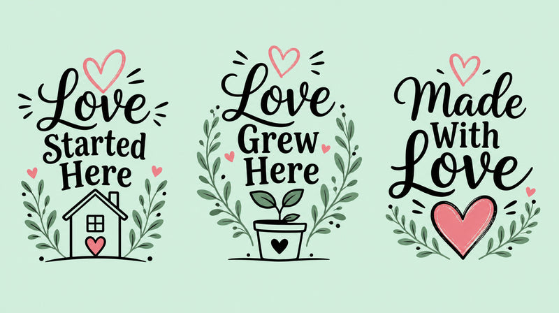 Love Started Here, Love Grew Here and Made With Love matching family T-shirt designs for dad, mom and baby.
