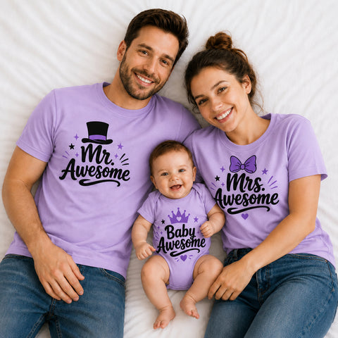 Dad mom and baby wearing Mr Awesome, Mrs Awesome and Baby Awesome matching lavender family T-shirts.