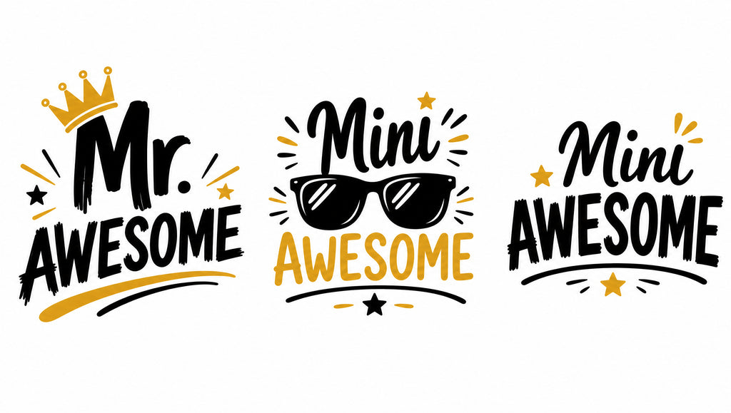 Mr Awesome and Mini Awesome matching dad and kids T-shirt designs with crown and sunglasses.