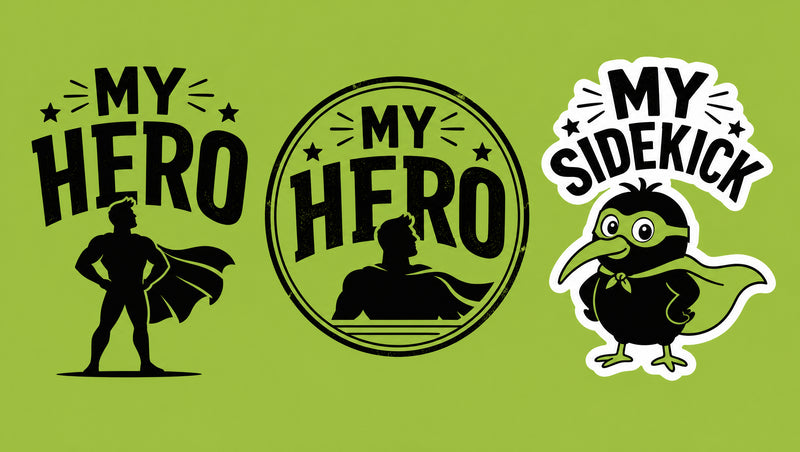 My Hero and My Sidekick superhero matching T-shirt designs for dad and kid.