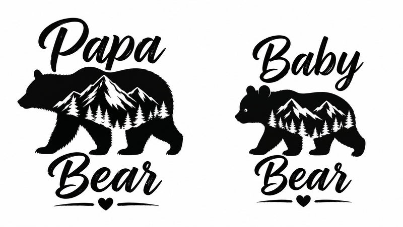 Papa Bear and Baby Bear matching dad and baby T-shirt designs with mountain and forest graphics.