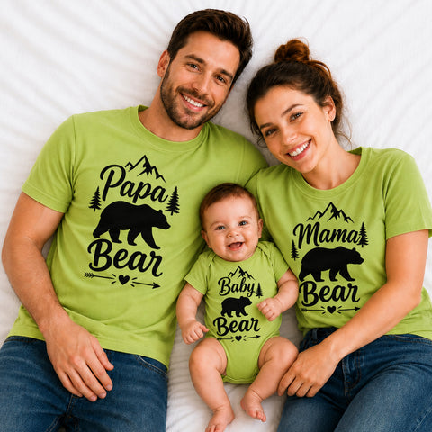Dad mom and baby wearing Papa Bear, Mama Bear and Baby Bear matching green family T-shirts