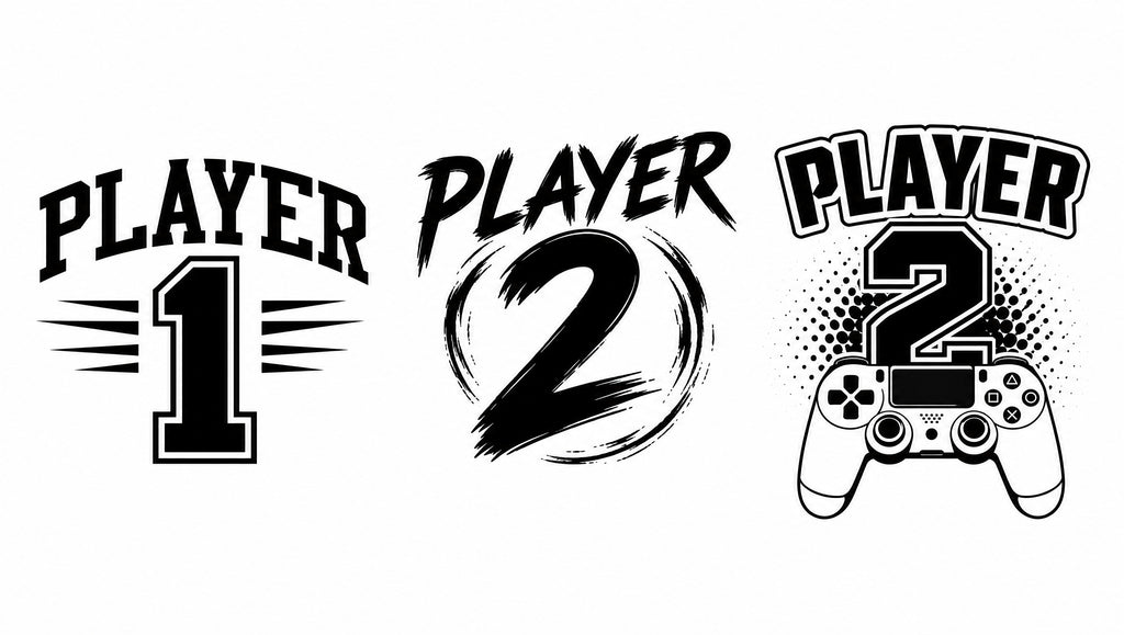 Player 1 and Player 2 matching T-shirt designs with gaming controller graphic.