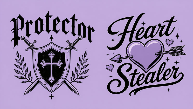 Protector and Heart Stealer matching dad and baby T-shirt designs with shield, swords, heart and arrow artwork.
