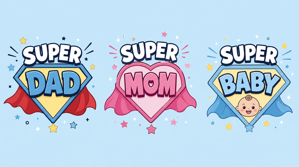 Super Dad, Super Mom and Super Baby superhero matching family T-shirt design.