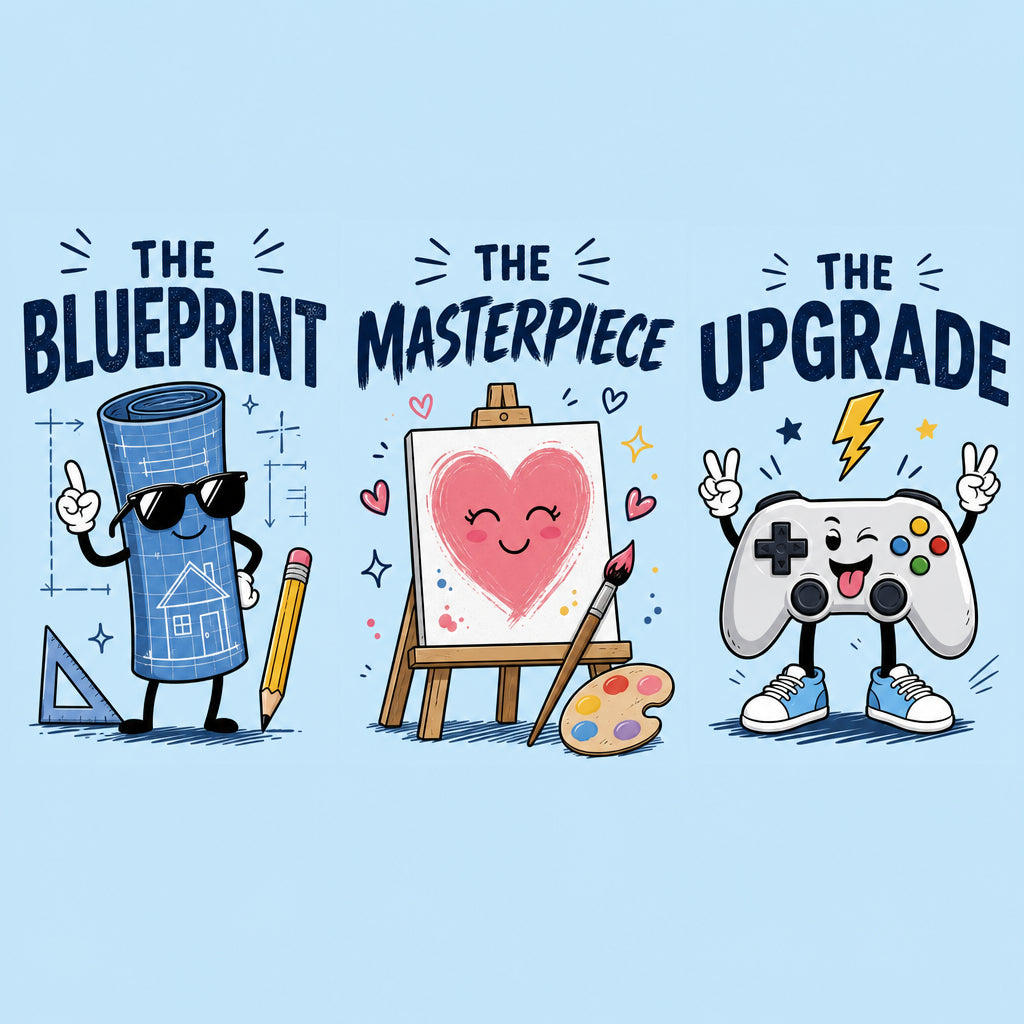 The Blueprint, The Masterpiece and The Upgrade matching family T-shirt designs for dad, mom and baby.