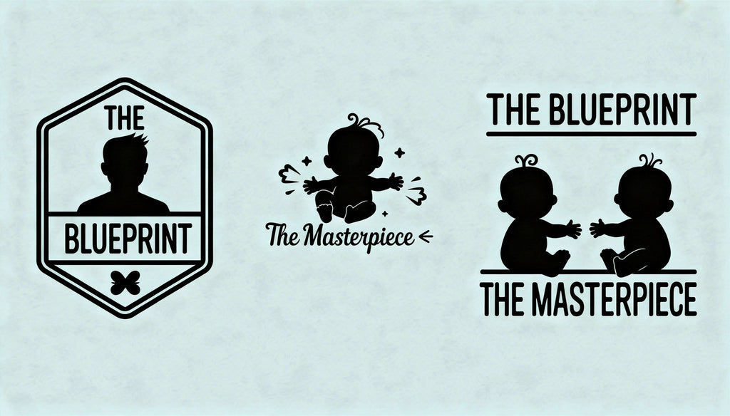 The Blueprint and The Masterpiece matching dad and baby T-shirt designs.
