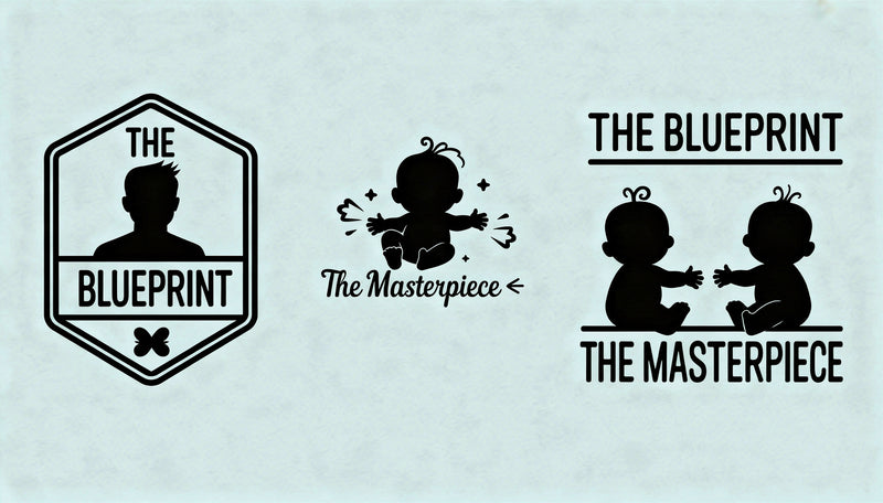 The Blueprint and The Masterpiece matching dad and baby T-shirt designs.