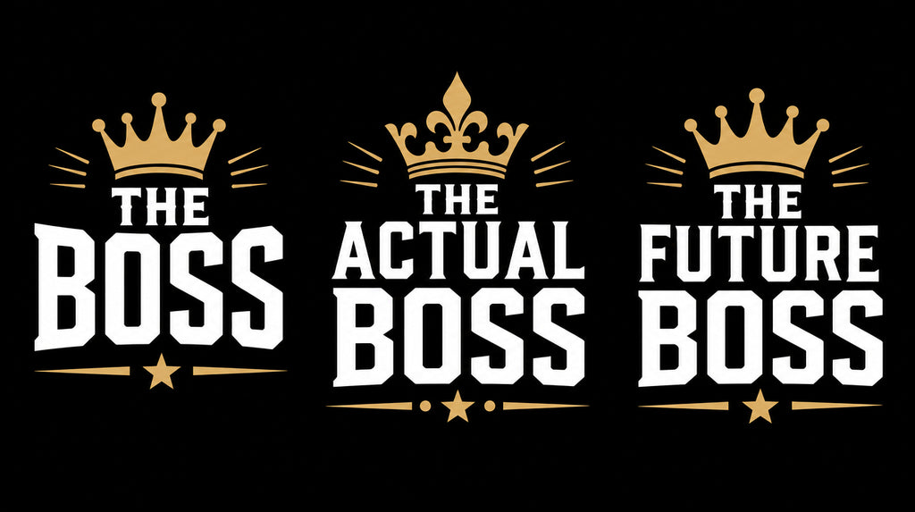 The Boss, The Actual Boss and The Future Boss crown design matching family T-shirts.