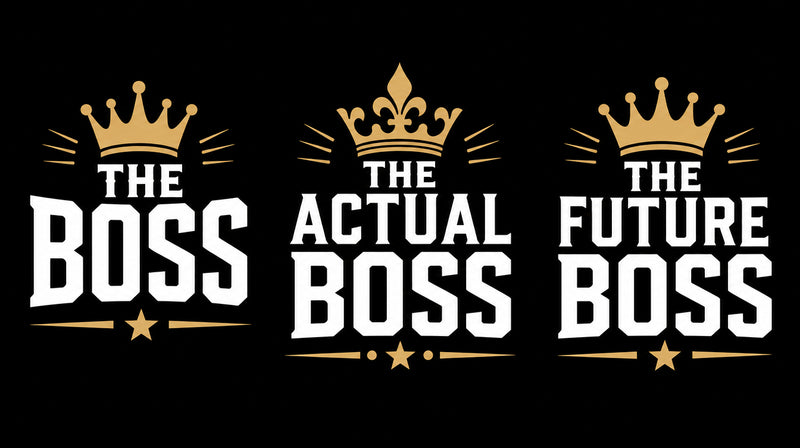 The Boss, The Actual Boss and The Future Boss crown design matching family T-shirts.