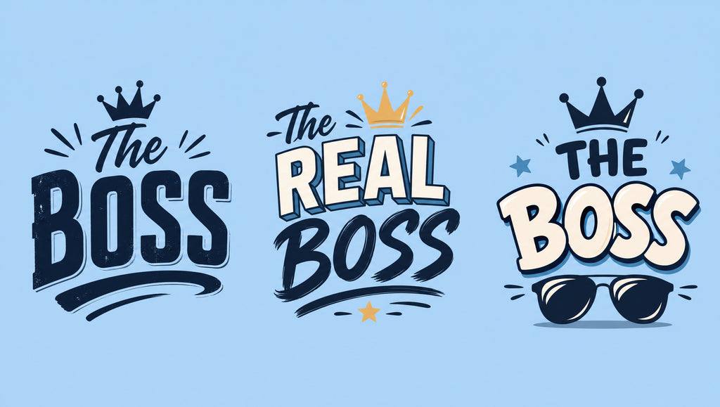 The Boss, Real Boss and Little Boss matching dad and kids T-shirt designs with crown and sunglasses.