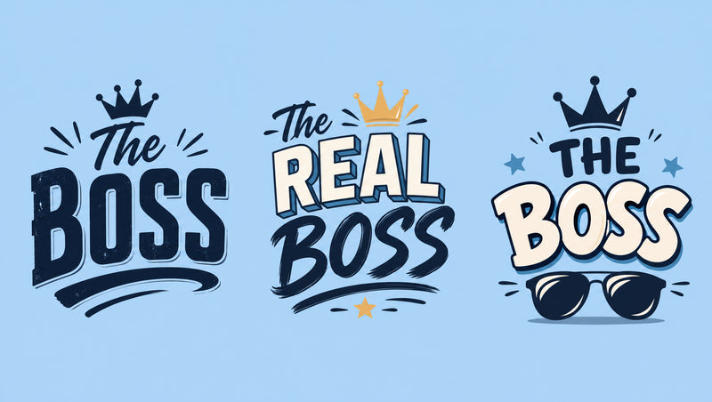 The Boss, Real Boss and Little Boss matching dad and kids T-shirt designs with crown and sunglasses.