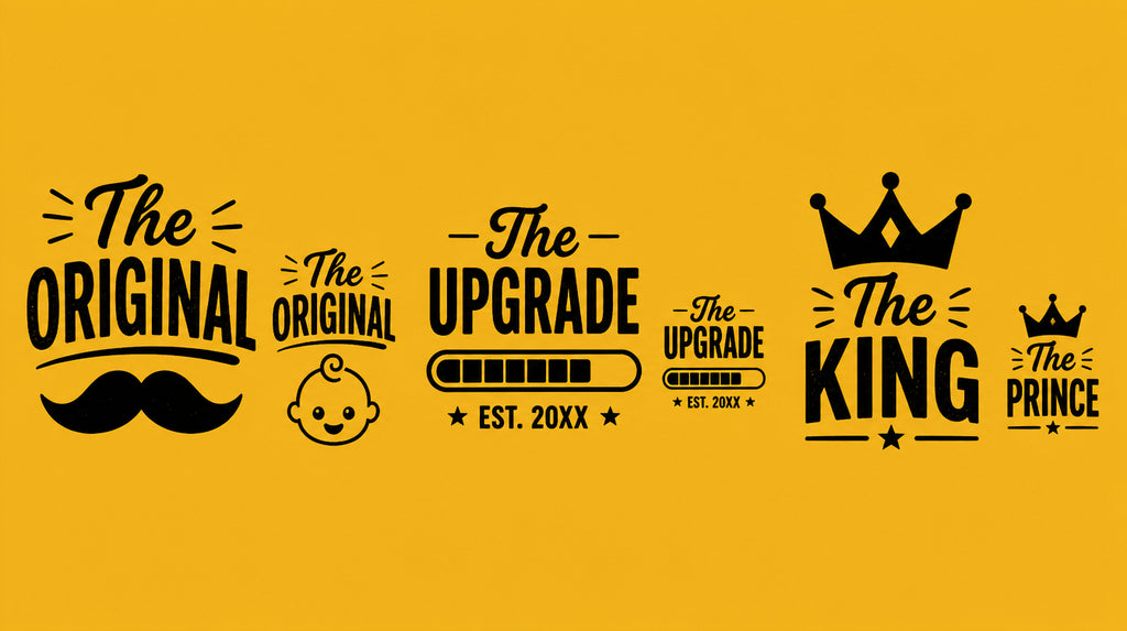 The Original The Upgrade and The King The Prince matching dad and baby T-shirt designs.