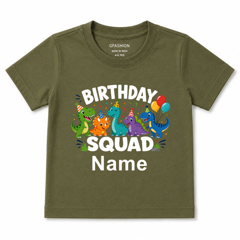 Personalized Birthday Squad Dinosaur Kids T-Shirt with Custom Name available in Black, Royal Blue, White, Red, Maroon, Lavender, Dusty Rose, Mint Green, Olive Green, Mustard Yellow and Sky Blue | GFASHION