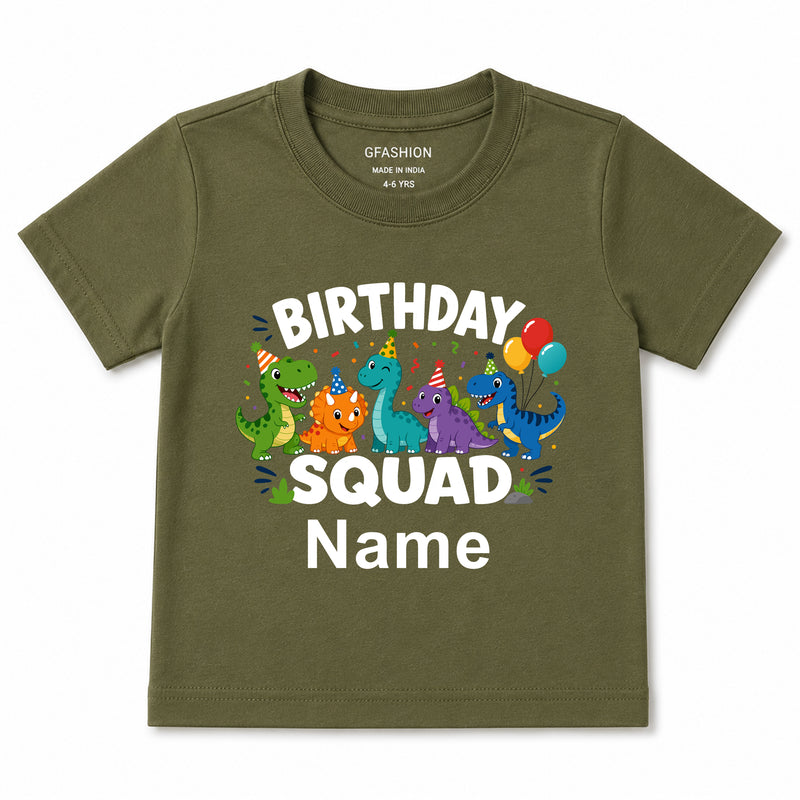 Personalized Birthday Squad Dinosaur Kids T-Shirt with Custom Name available in Black, Royal Blue, White, Red, Maroon, Lavender, Dusty Rose, Mint Green, Olive Green, Mustard Yellow and Sky Blue | GFASHION