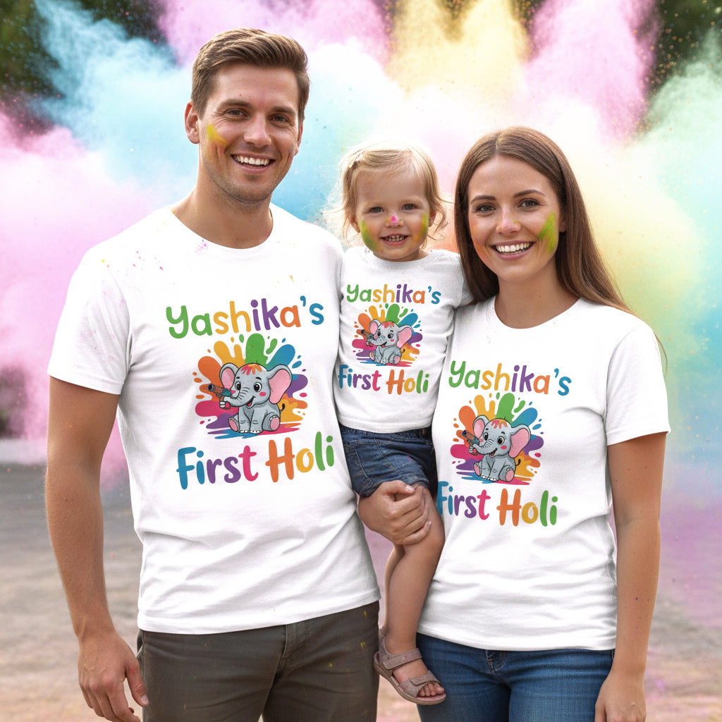 First Holi T-shirts for family name customize