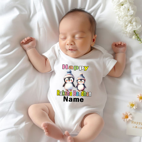 Happy Raksha Bandhan Baby Onesie-Romper-Bodysuit with cute Penquin print