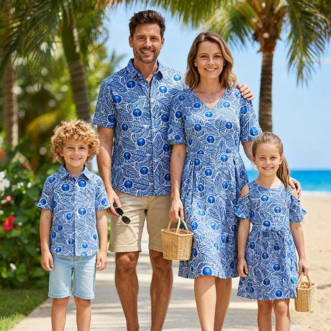 Tropical Blue Leaves Matching Family Vacation Outfits