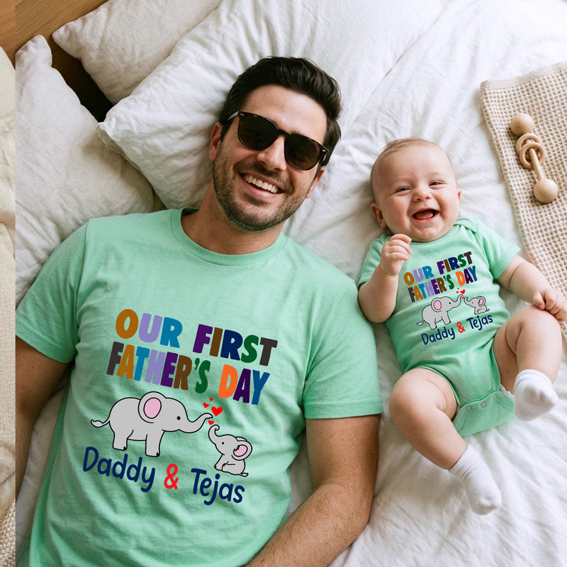 first father's day name customize tshirt and onesie combo