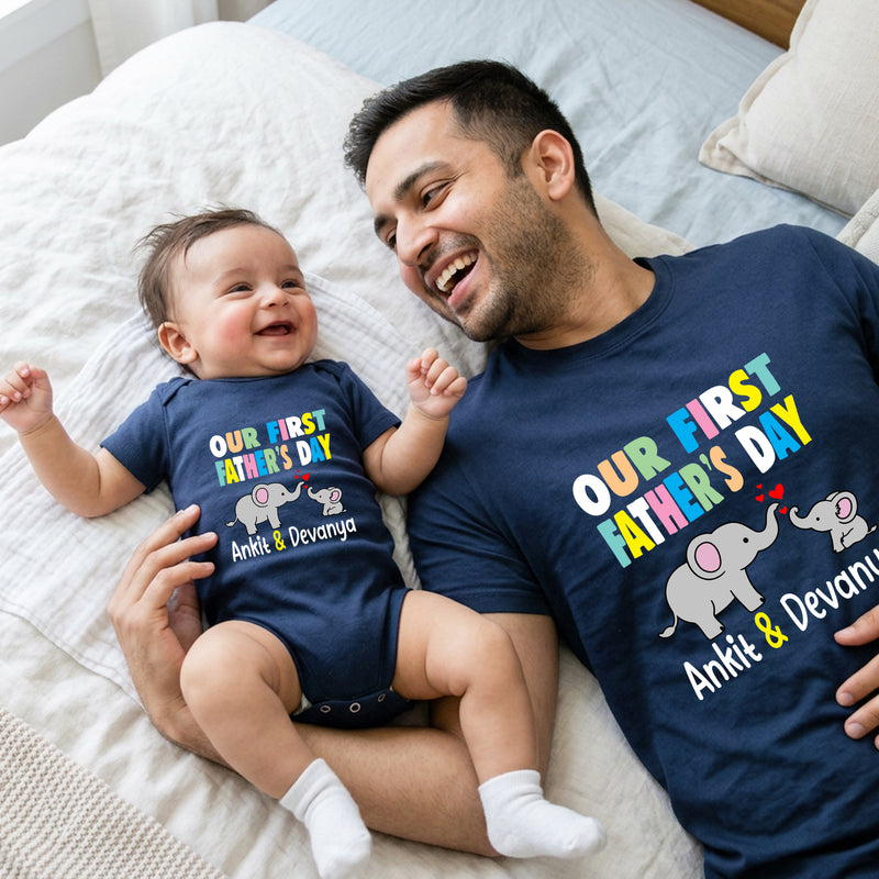 first father's day name customize tshirt and onesie combo