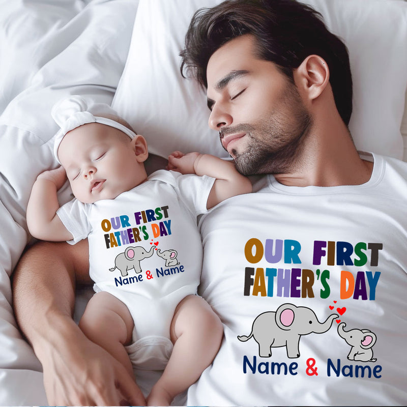 first father's day name customize tshirt and onesie combo