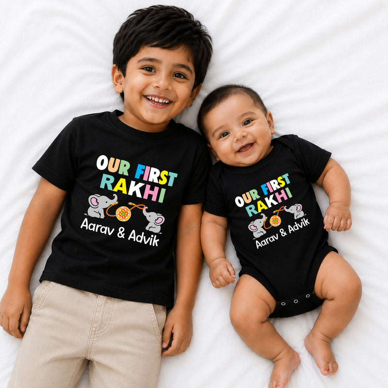 Personalized Our First Rakhi Sibling T-Shirt & Baby Onesie Combo