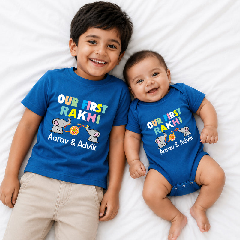 Personalized Our First Rakhi Sibling T-Shirt & Baby Onesie Combo