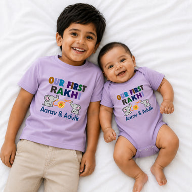 Personalized Our First Rakhi Sibling T-Shirt & Baby Onesie Combo