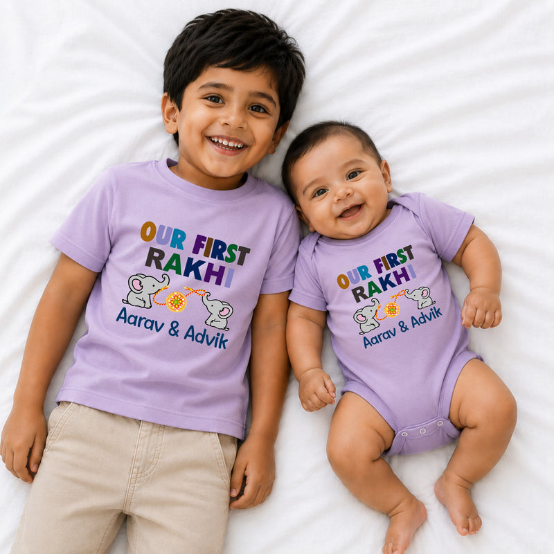 Personalized Our First Rakhi Sibling T-Shirt & Baby Onesie Combo